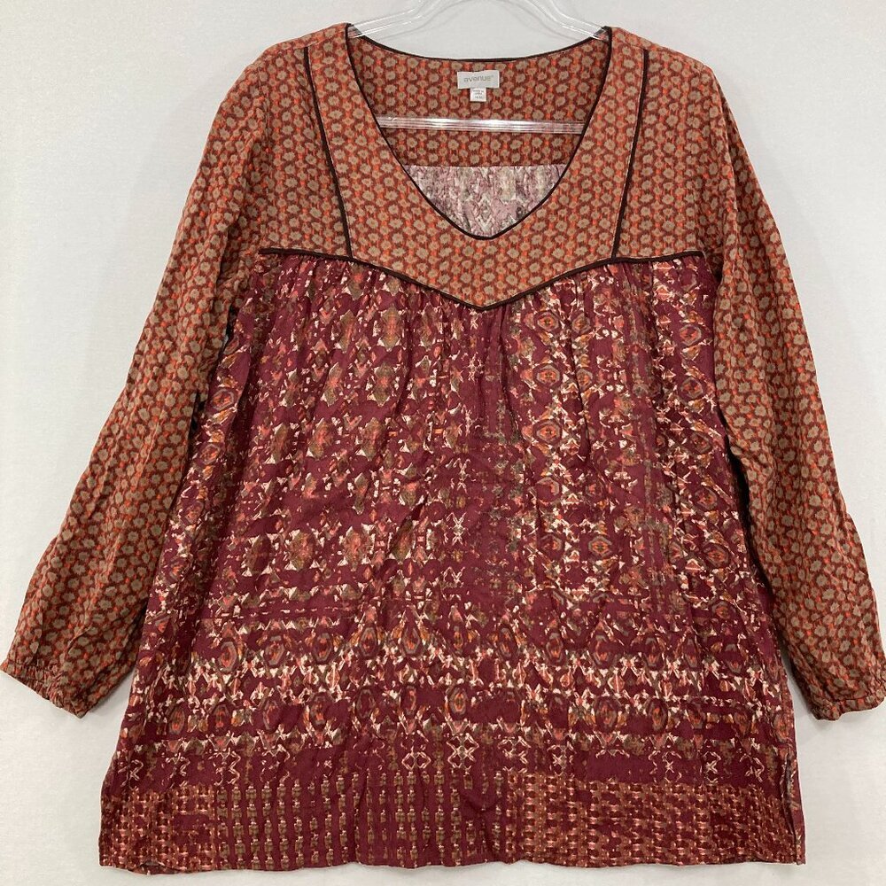 Avenue size 14/16 Brown Floral Boho Print Soft Rayon Blouse Feminine Fall